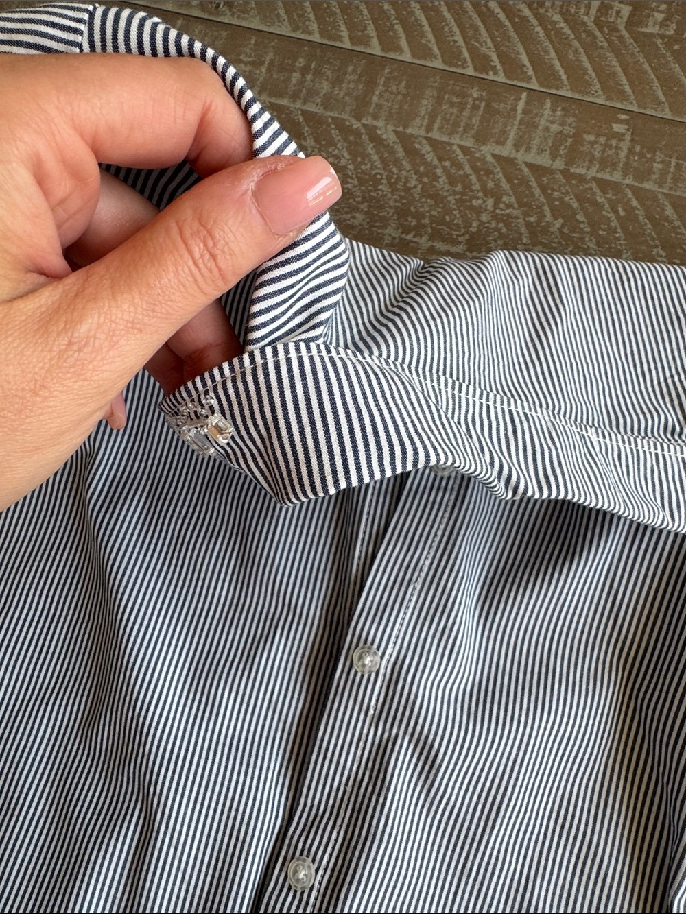 Sleeveless Striped Button-Down Shirt with Embellished Collar - Blue/White - Picture 12 of 12